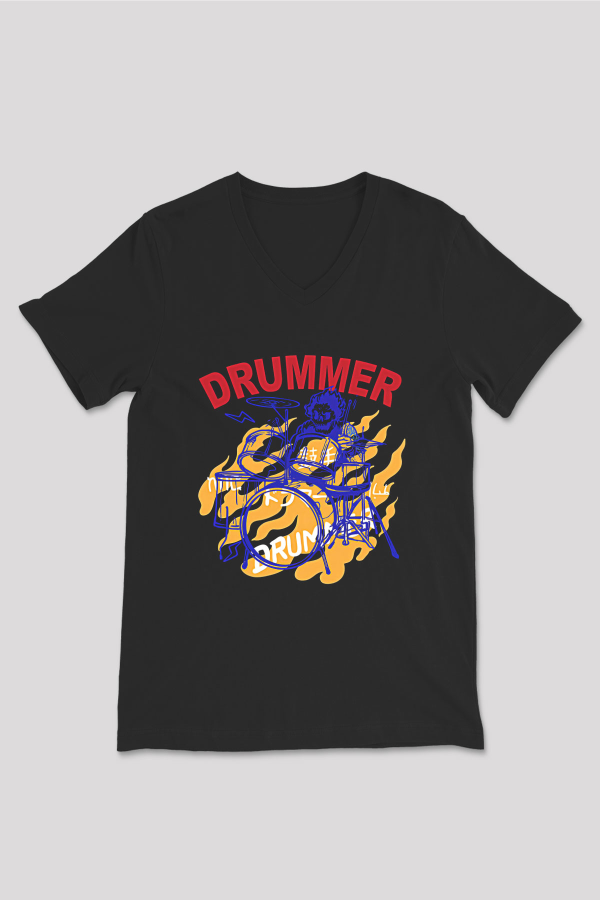 Bateri Baskılı Unisex Siyah V Yaka Tişört - Tshirt