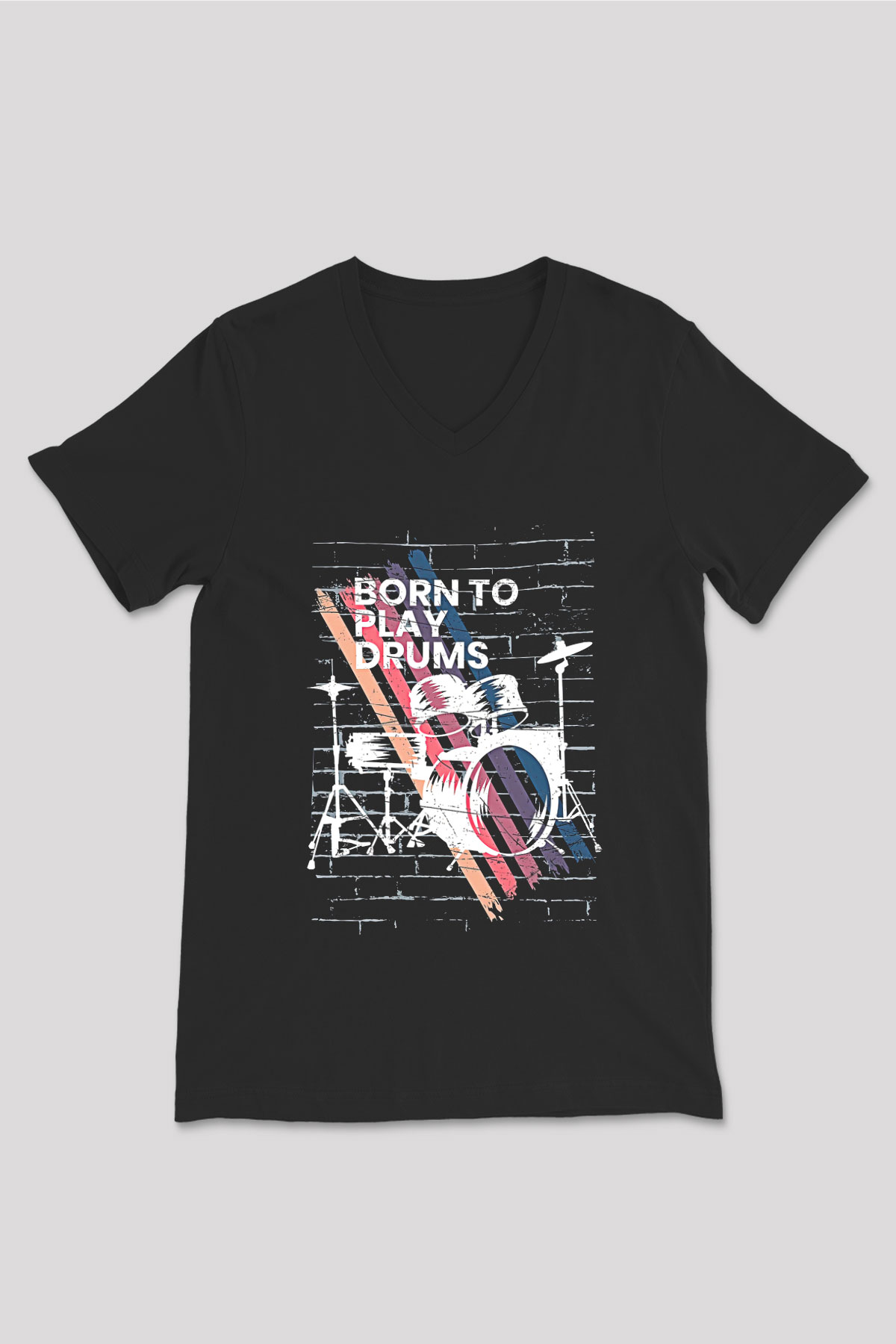 Bateri Baskılı Unisex Siyah V Yaka Tişört - Tshirt
