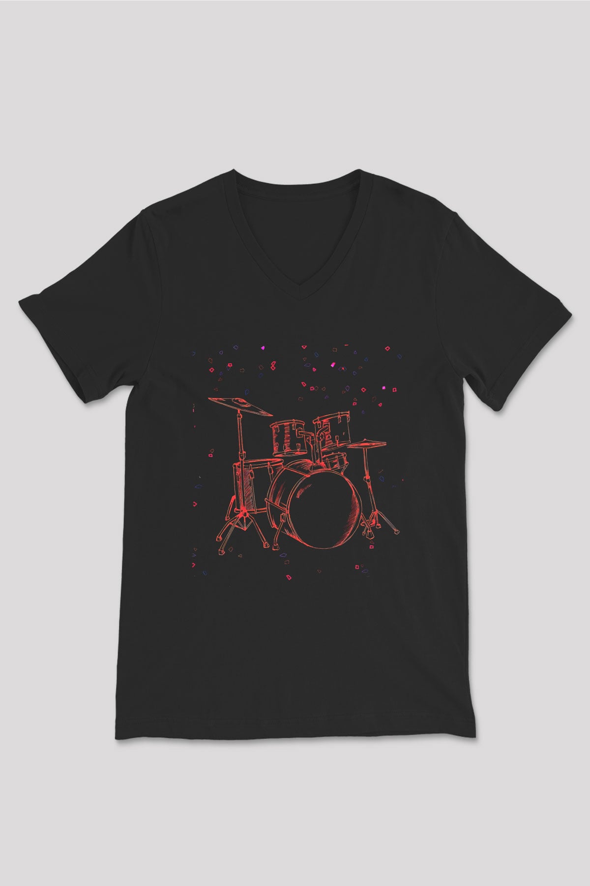 Bateri Baskılı Unisex Siyah V Yaka Tişört - Tshirt