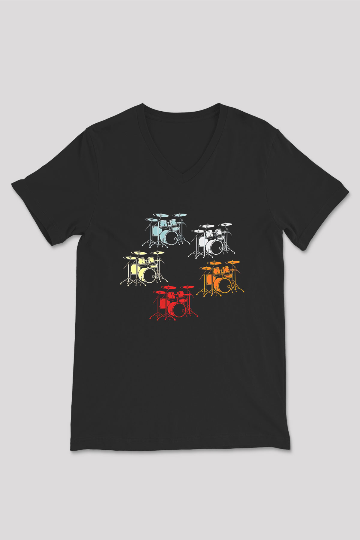 Bateri Baskılı Unisex Siyah V Yaka Tişört - Tshirt