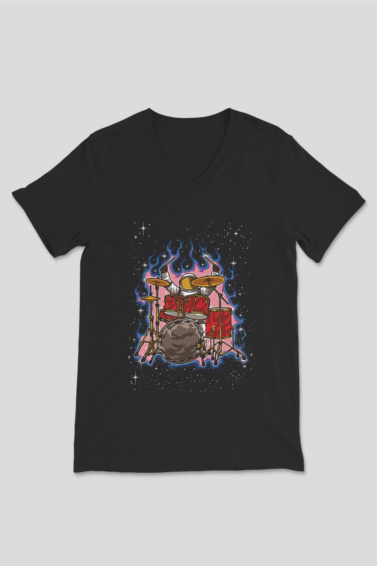Bateri Baskılı Unisex Siyah V Yaka Tişört - Tshirt