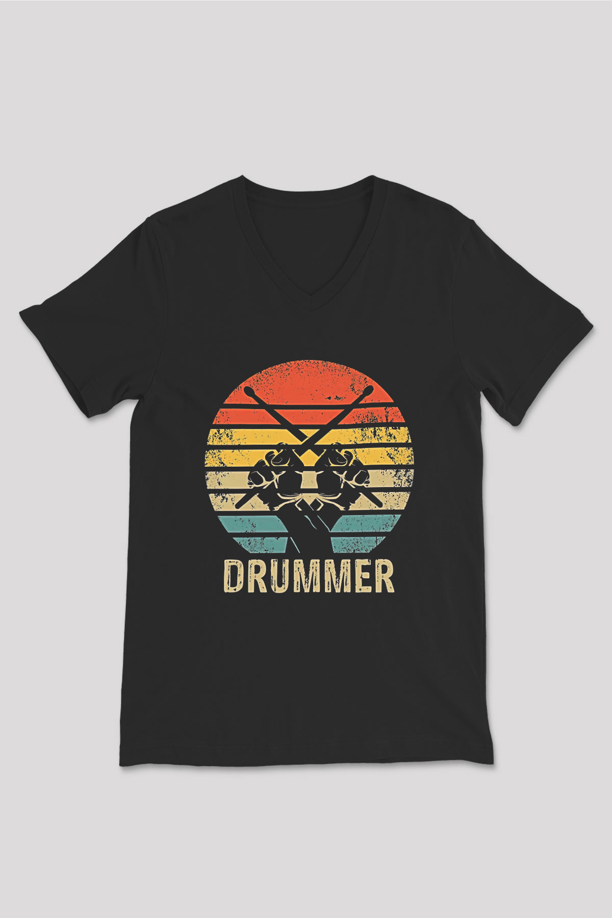 Bateri Baskılı Unisex Siyah V Yaka Tişört - Tshirt
