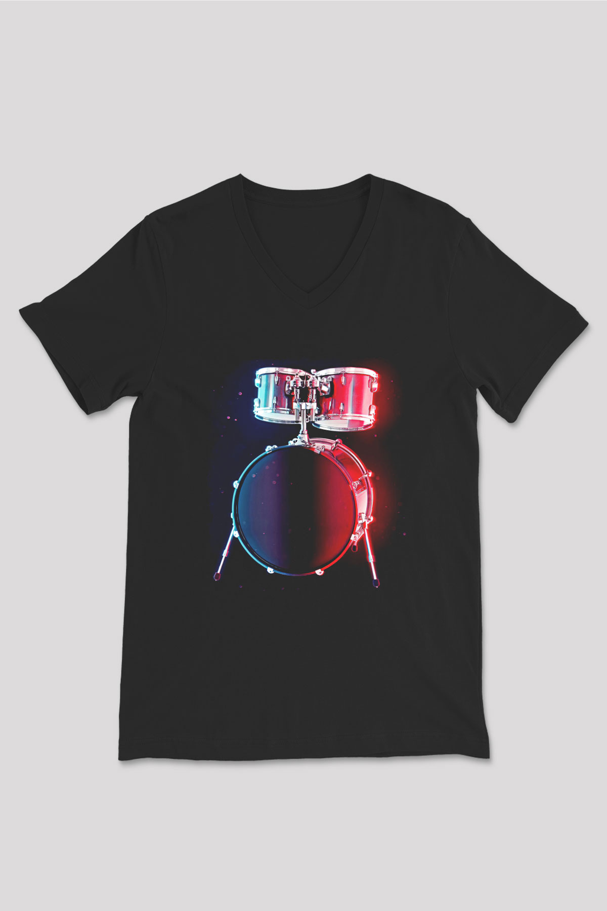 Bateri Baskılı Unisex Siyah V Yaka Tişört - Tshirt