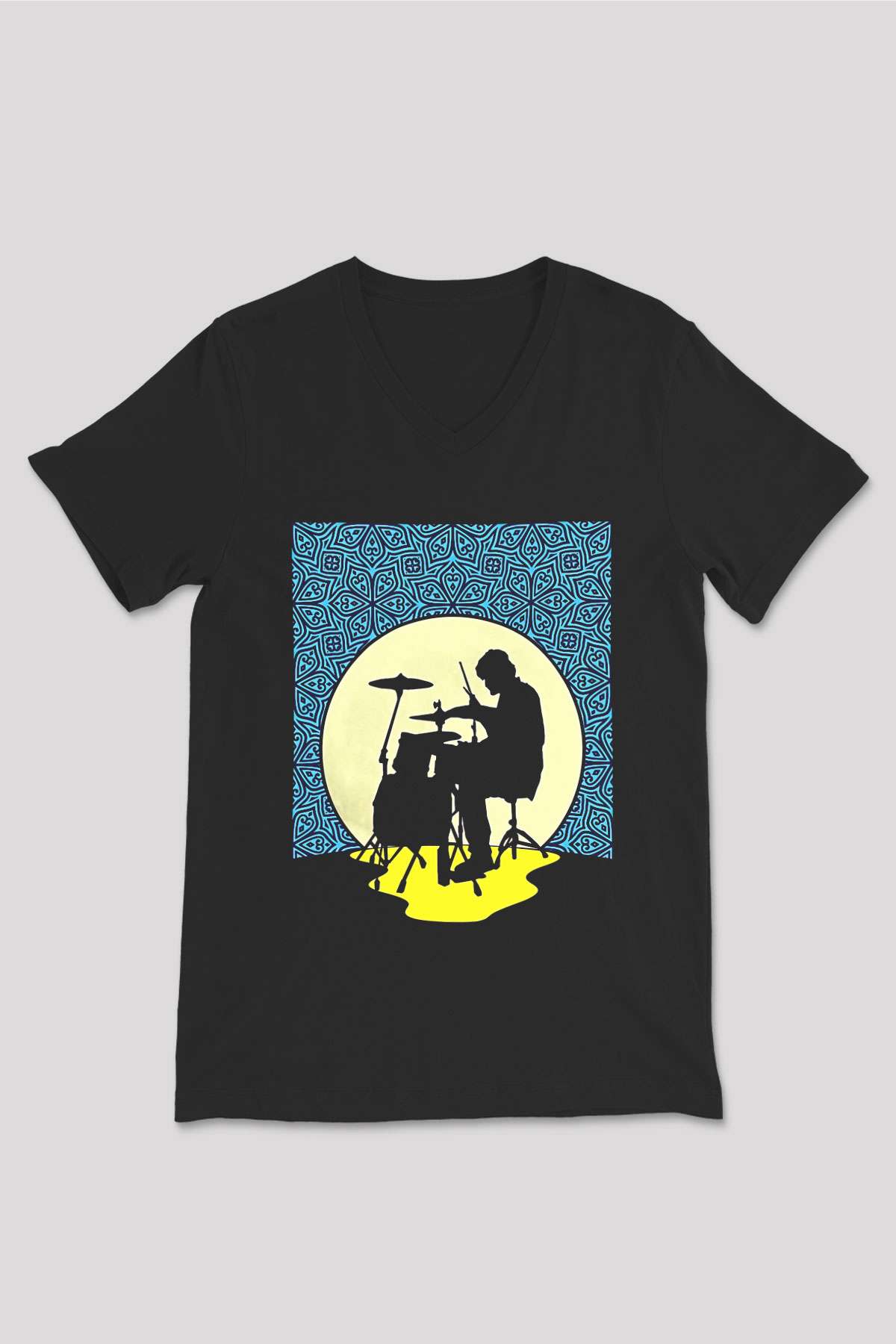 Bateri Baskılı Unisex Siyah V Yaka Tişört - Tshirt
