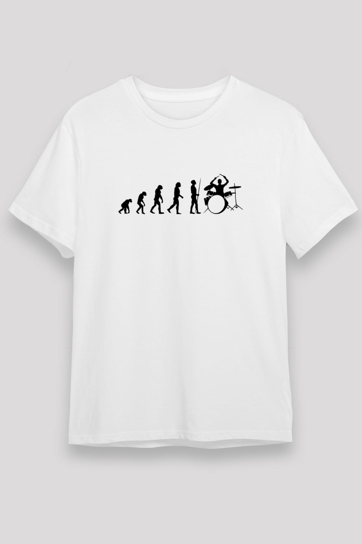 Baterist Evrimi Baskılı Unisex Beyaz Tişört - Tshirt