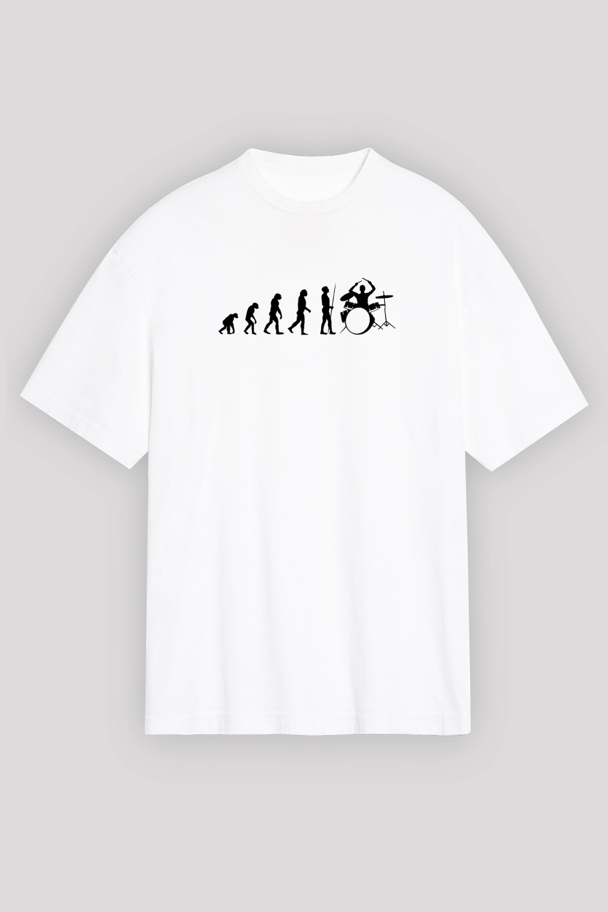 Baterist Evrimi Baskılı Unisex Oversize Beyaz Tişört - Tshirt