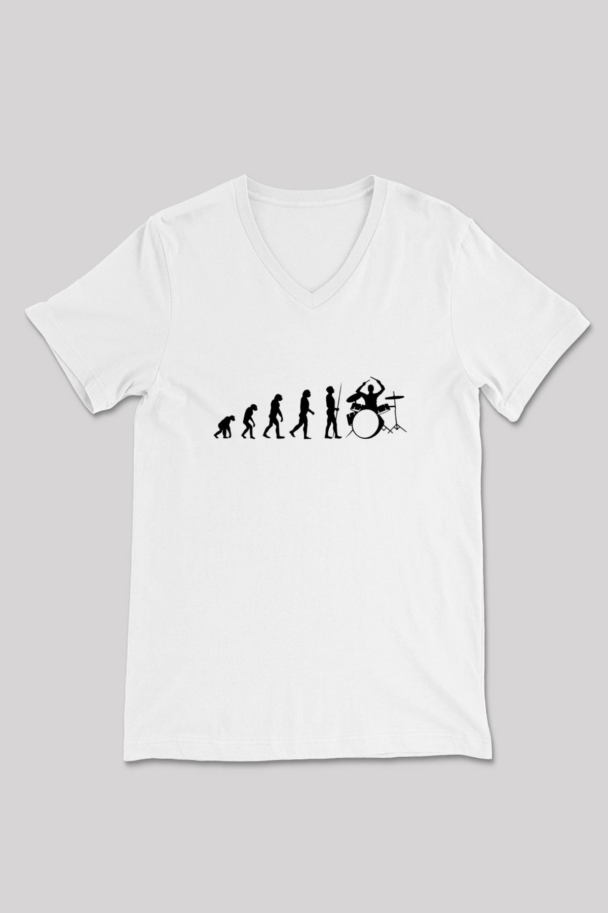 Baterist Evrimi Baskılı Unisex V Yaka Beyaz Tişört - Tshirt