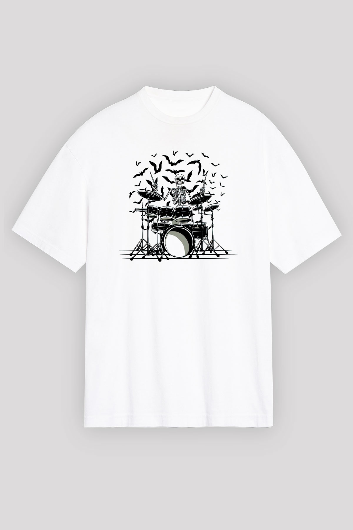 Baterist İskelet Baskılı Unisex Beyaz Tişört
