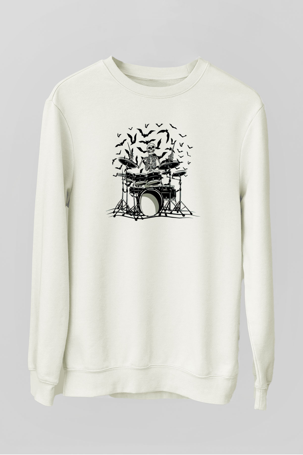 Baterist İskelet Baskılı Unisex Beyaz  Sweatshirt