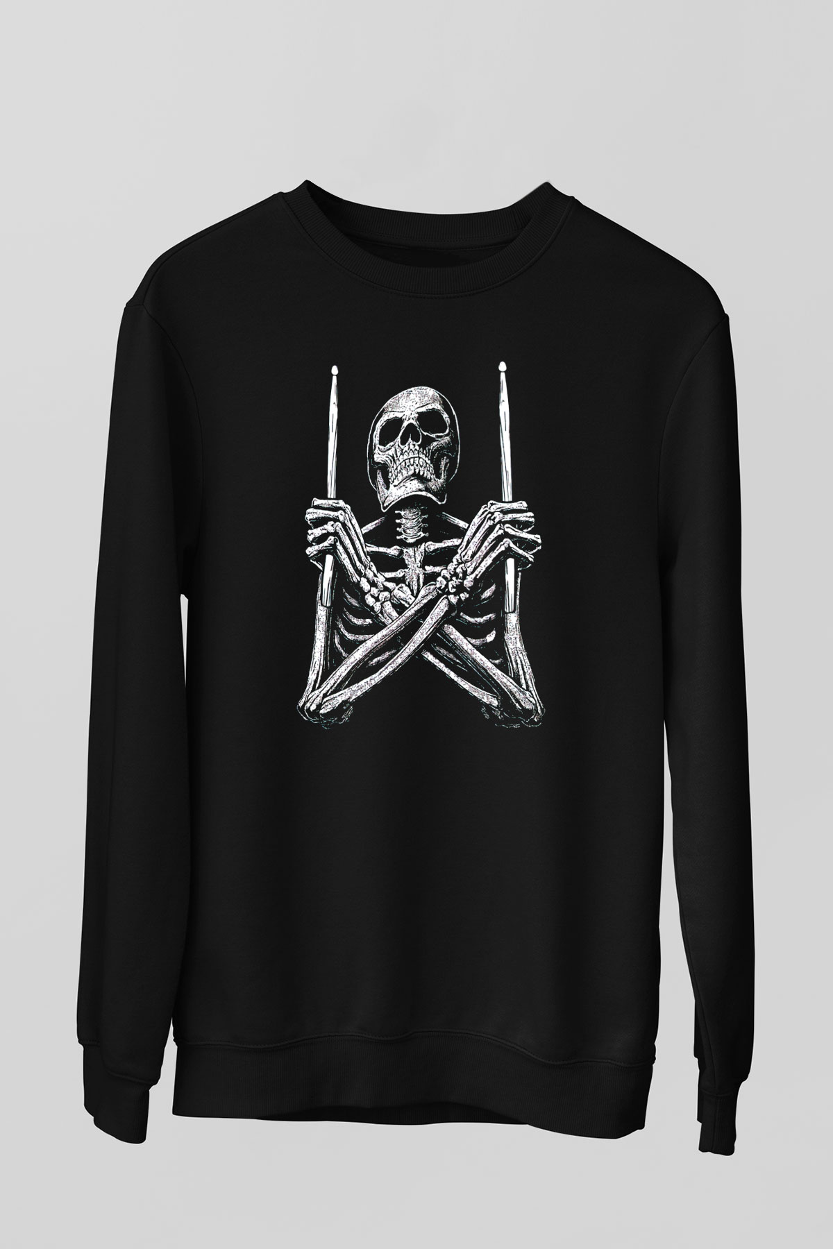Baterist İskelet Baskılı Unisex Siyah  Sweatshirt