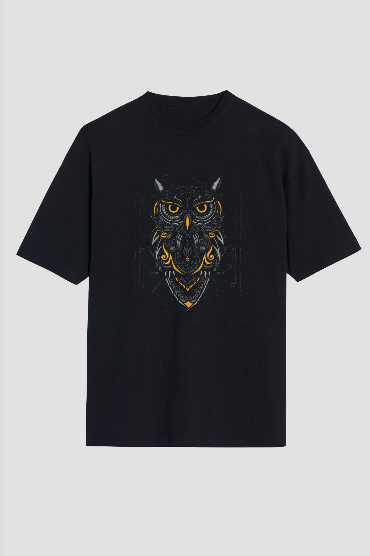 Baykuş Baskılı Unisex Siyah Tshirt