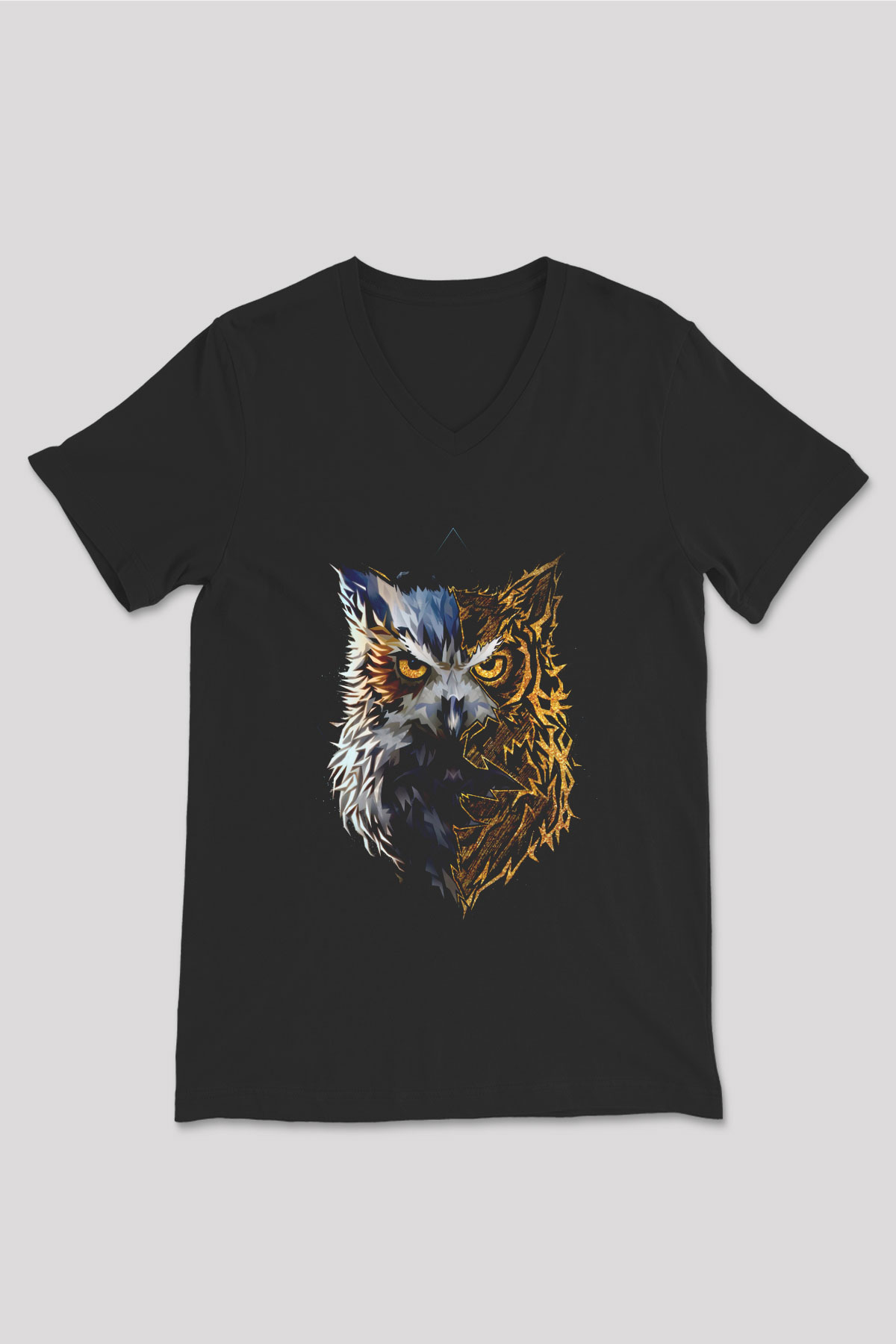 Baykuş Baskılı Unisex Siyah  V Yaka Tişört