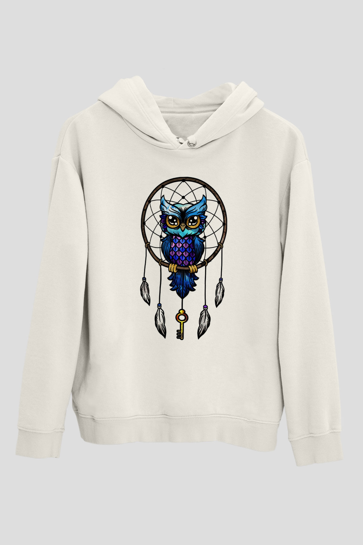 Baykuş Beyaz Unisex Kapşonlu Sweatshirt