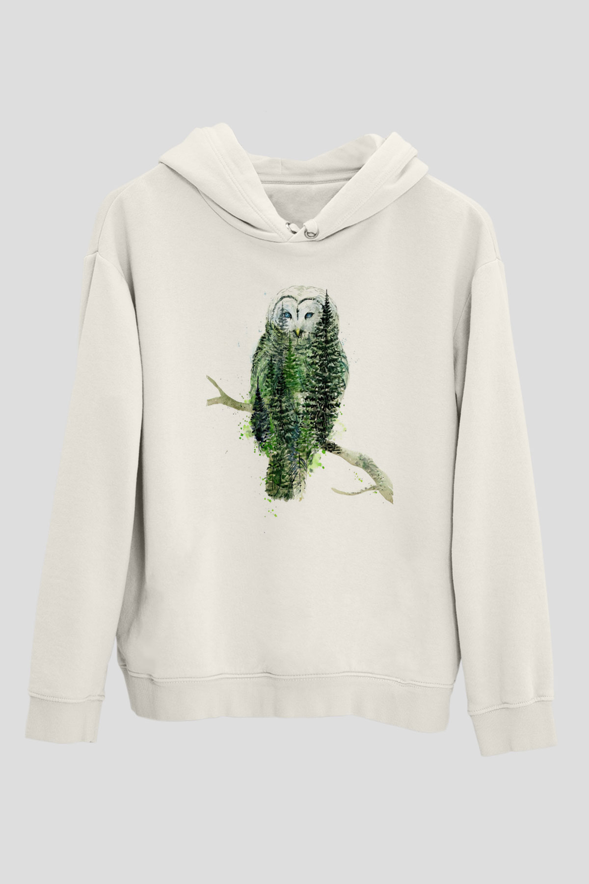 Baykuş Beyaz Unisex Kapüşonlu Sweatshirt
