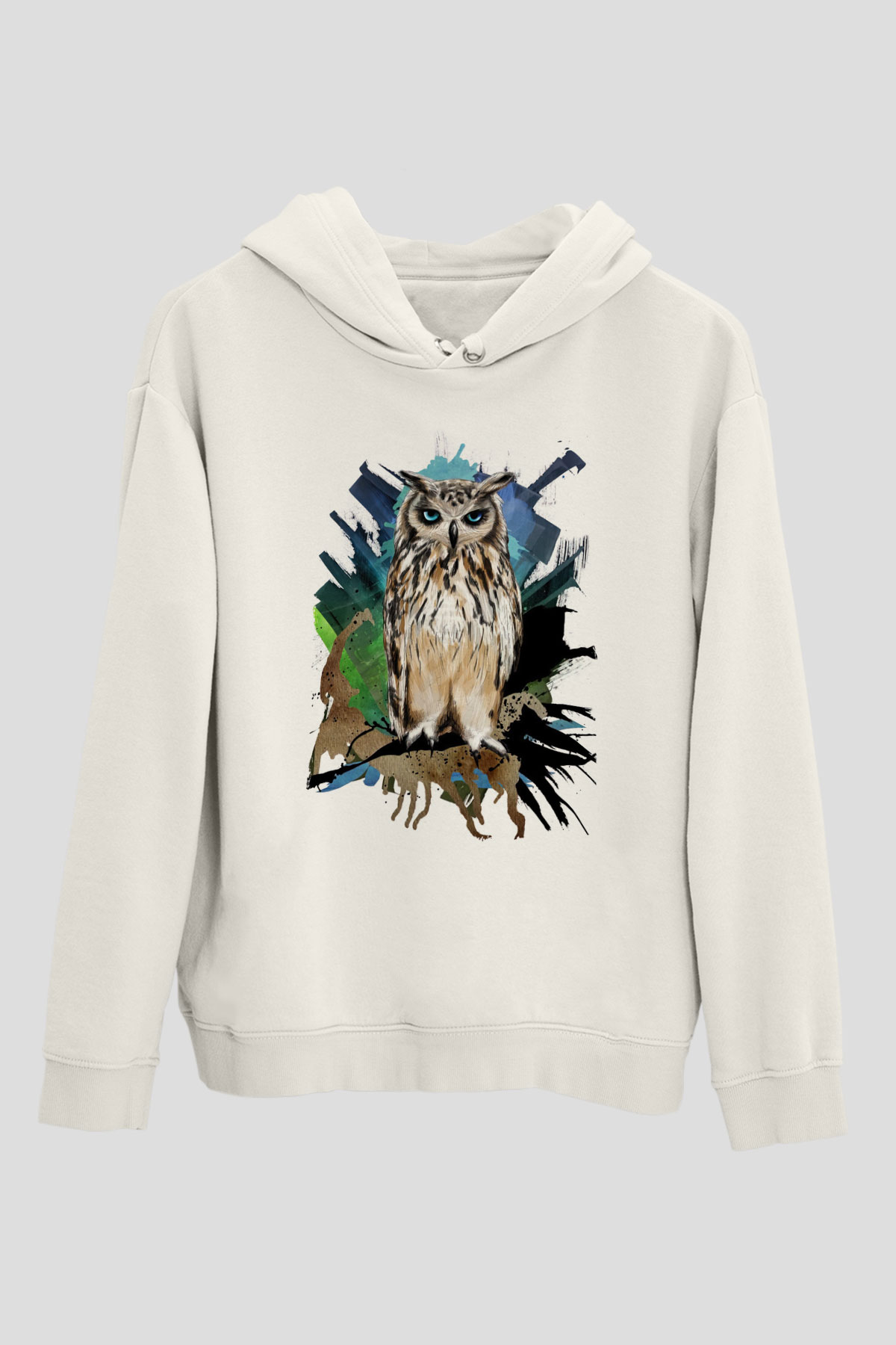 Baykuş Beyaz Unisex Kapüşonlu Sweatshirt