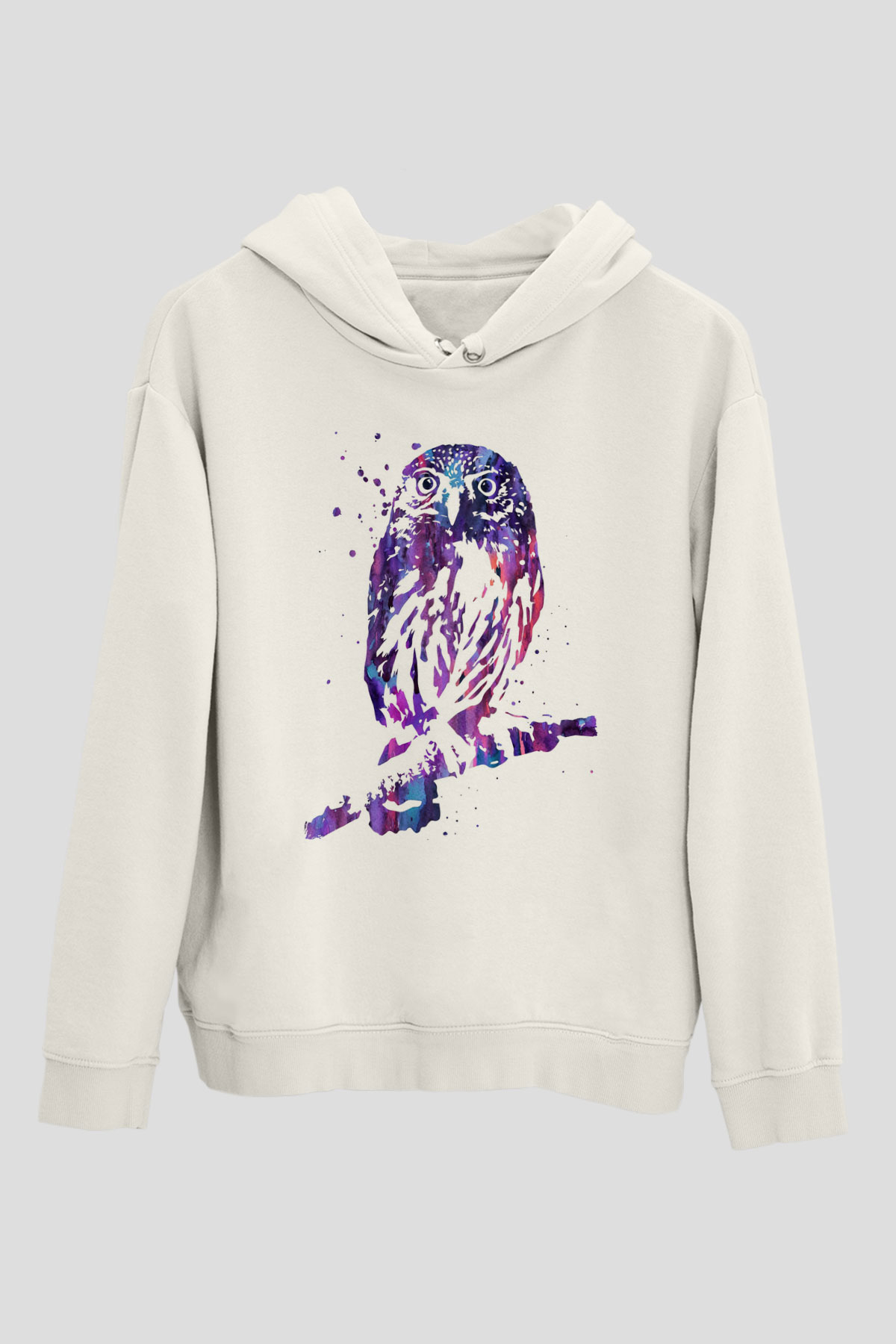 Baykuş Beyaz Unisex Kapüşonlu Sweatshirt