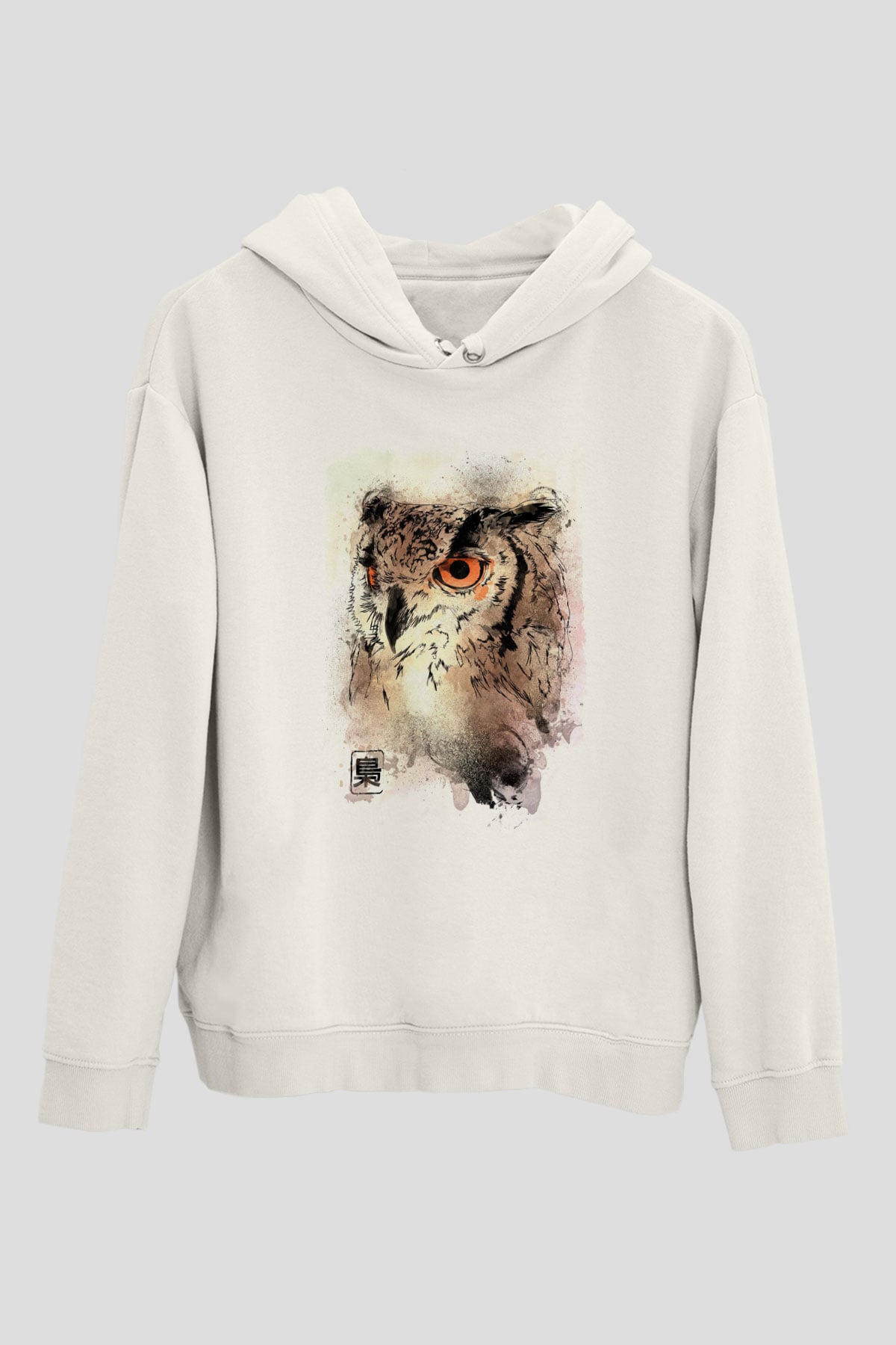 Baykuş Beyaz Unisex Kapüşonlu Sweatshirt