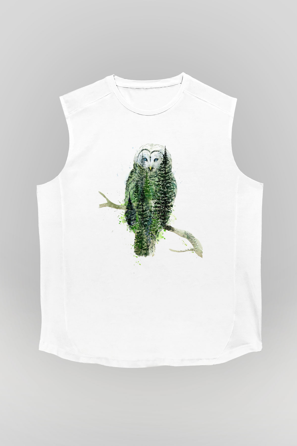 Baykuş Beyaz Unisex Kolsuz Tişört