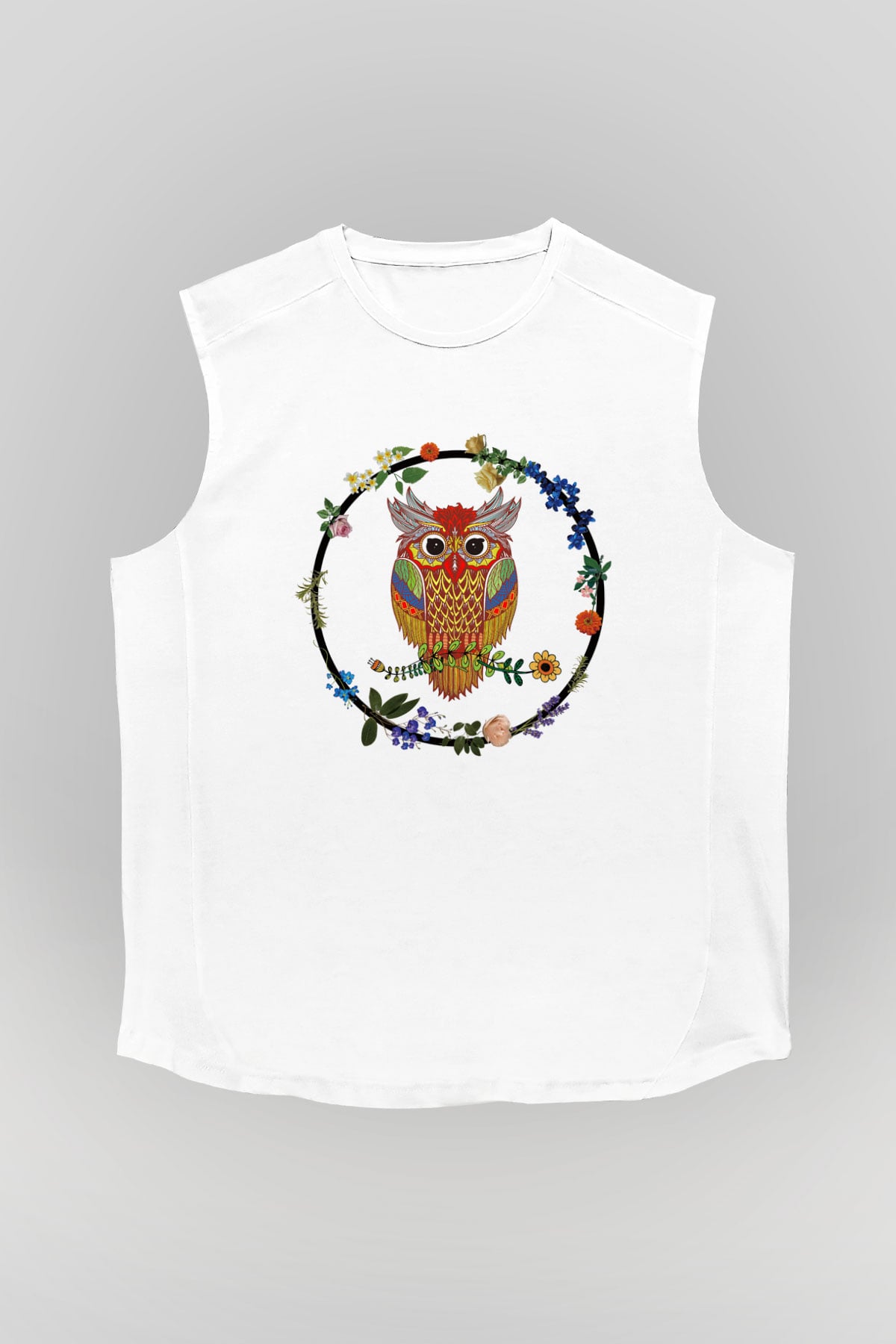 Baykuş Beyaz Unisex Kolsuz Tişört