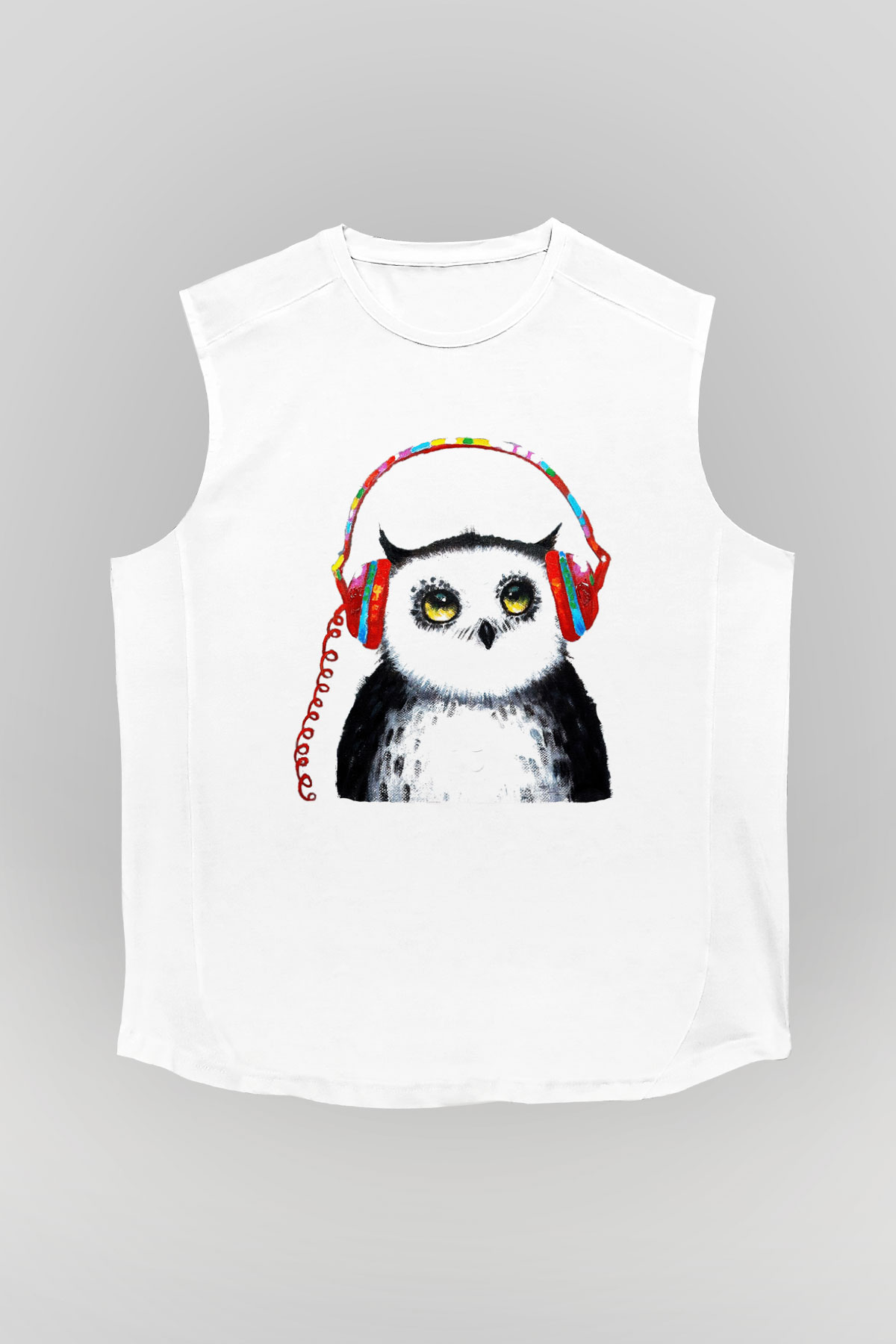 Baykuş Beyaz Unisex Kolsuz Tişört