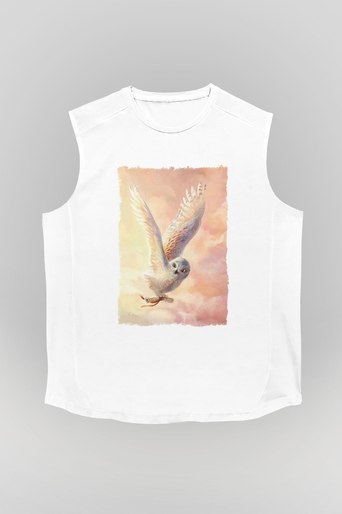 Baykuş Beyaz Unisex Kolsuz Tişört