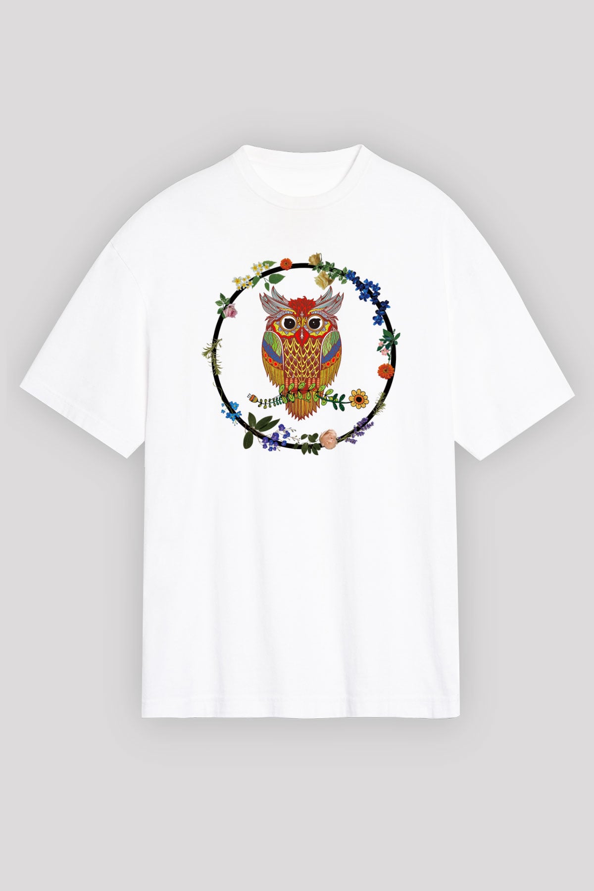 Baykuş Beyaz Unisex Oversize Tişört T-Shirt
