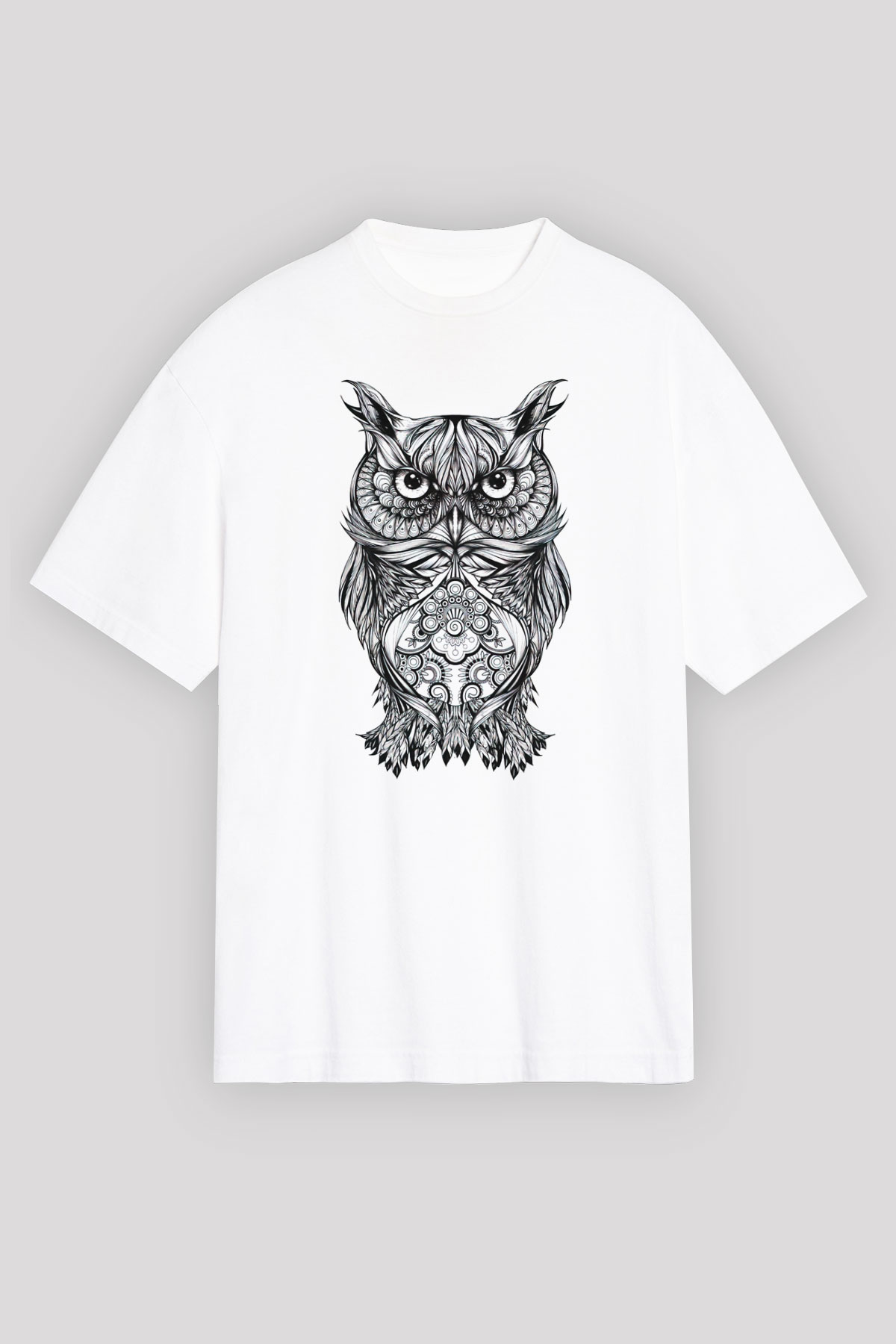 Baykuş Beyaz Unisex Oversize Tişört T-Shirt
