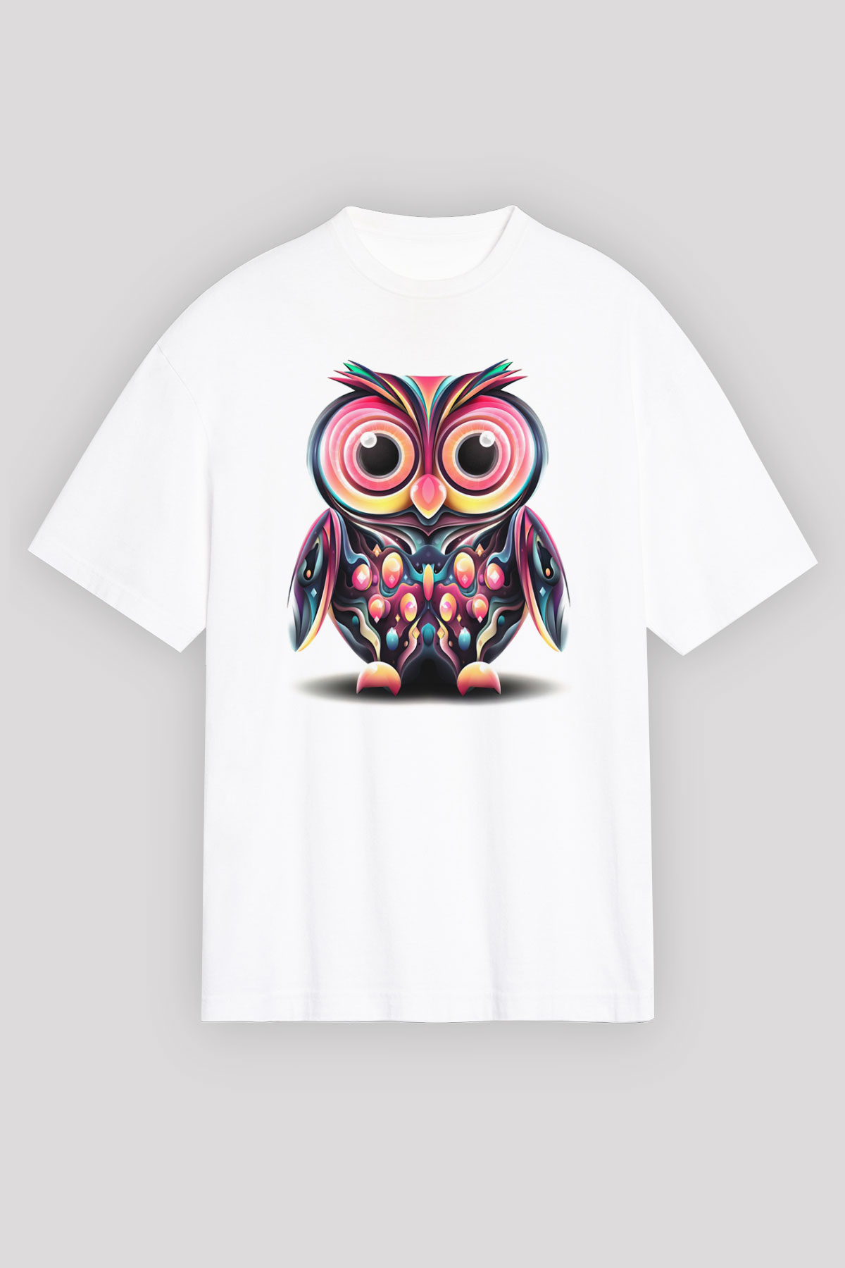 Baykuş Beyaz Unisex Oversize Tişört T-Shirt