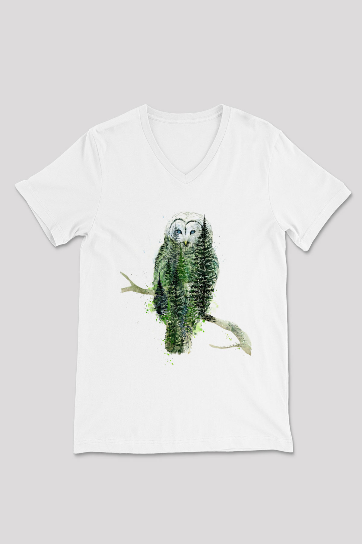 Baykuş Beyaz Unisex V Yaka Tişört