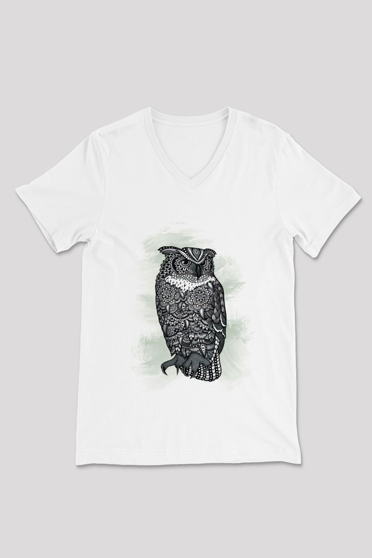 Baykuş Beyaz Unisex V Yaka Tişört