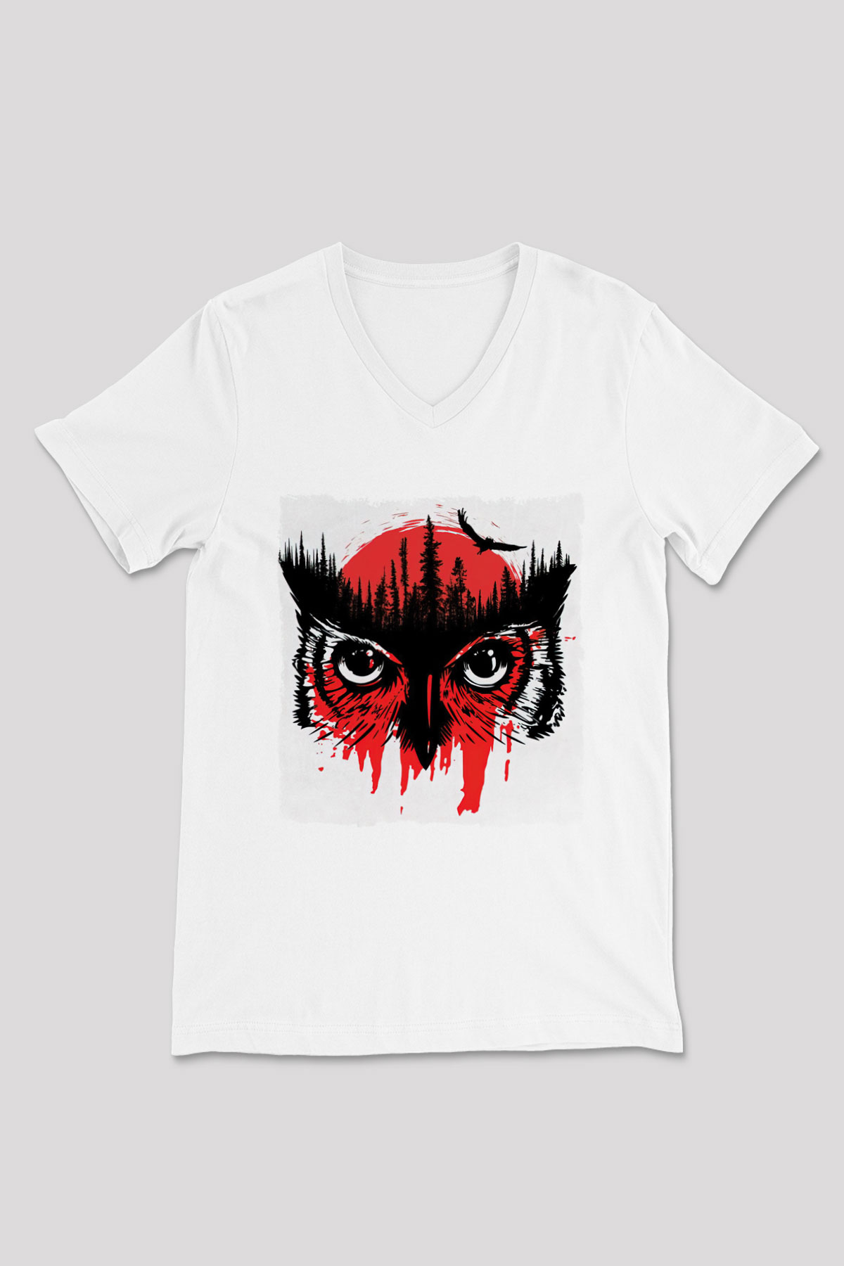 Baykuş Beyaz Unisex V Yaka Tişört
