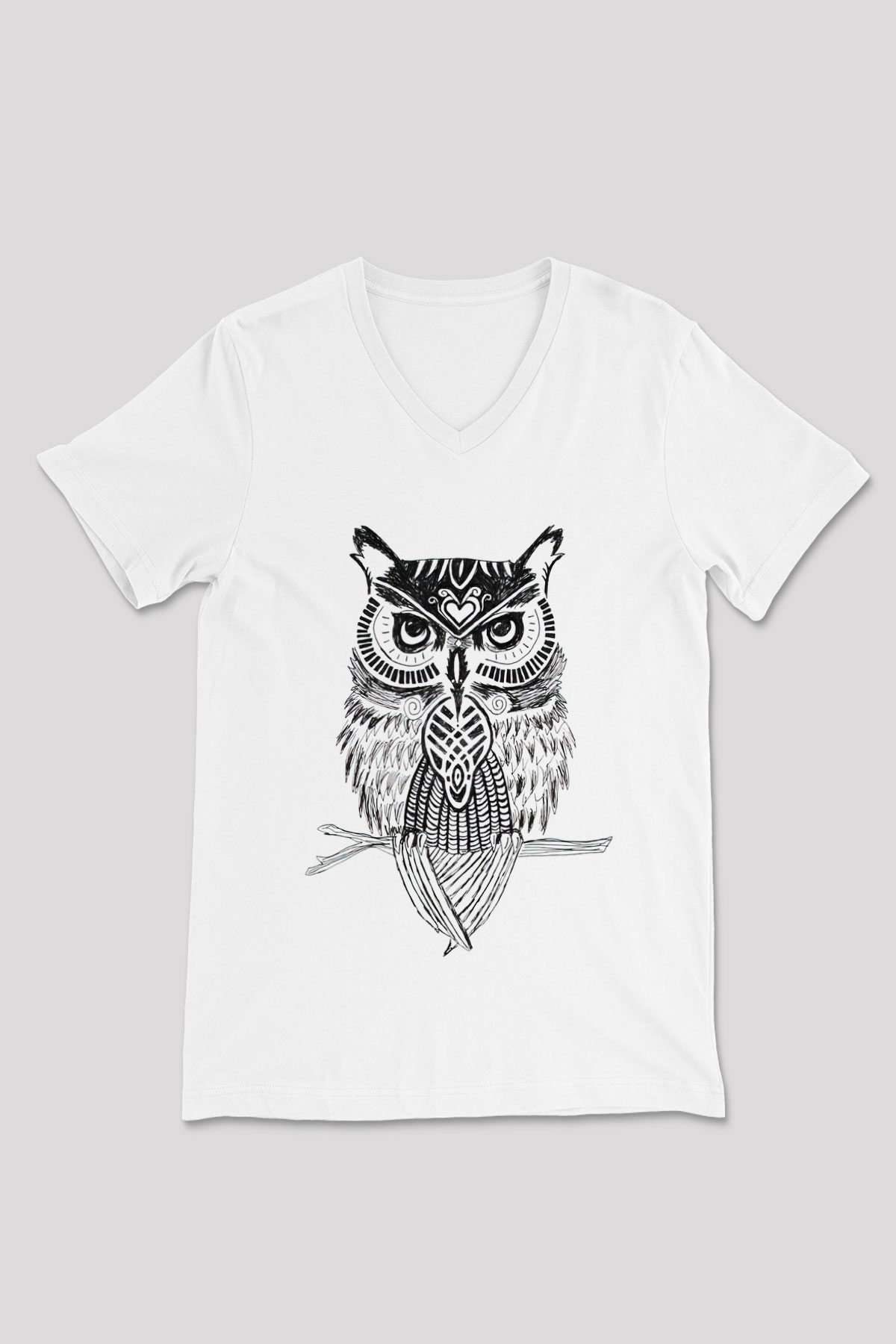 Baykuş Beyaz Unisex V Yaka Tişört T-Shirt