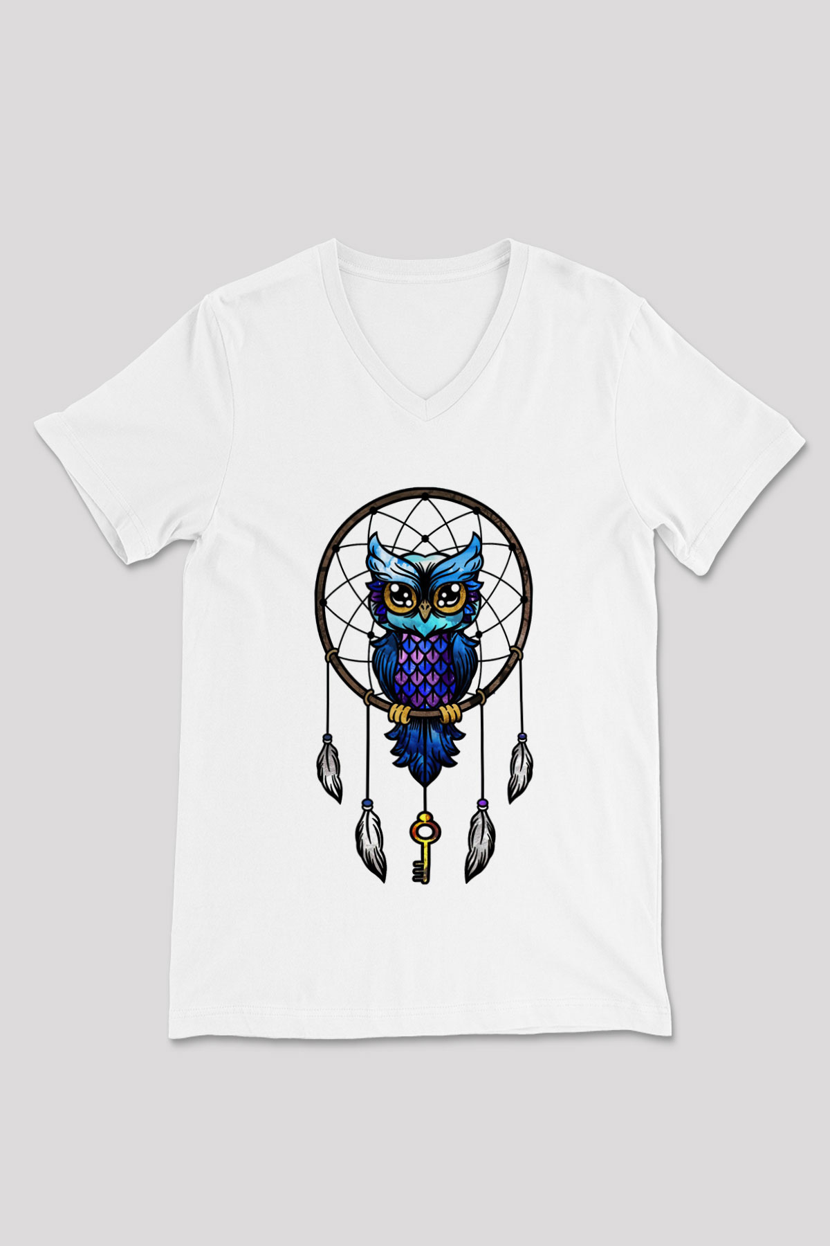 Baykuş Beyaz Unisex V Yaka Tişört T-Shirt
