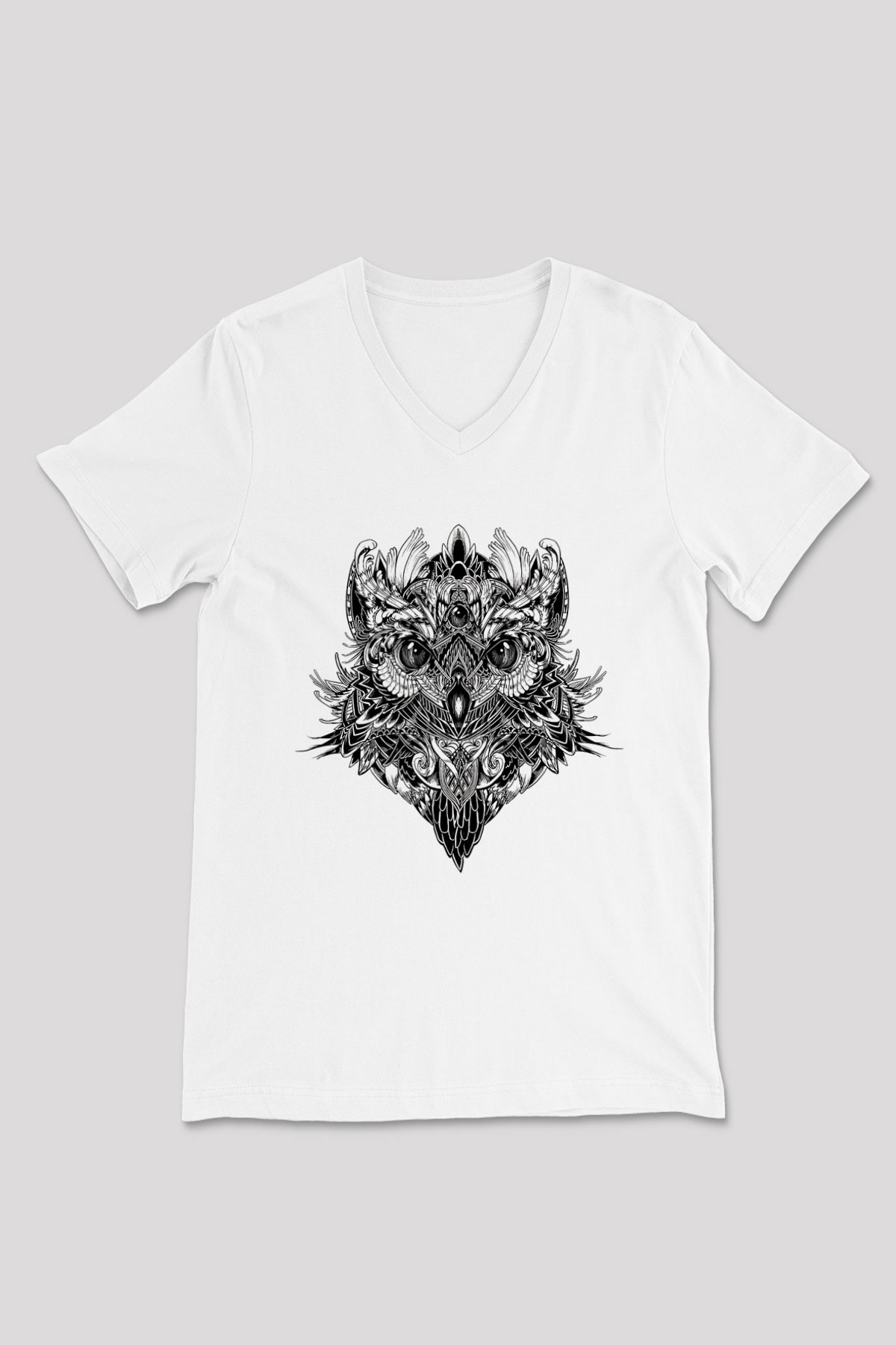Baykuş Beyaz Unisex V Yaka Tişört T-Shirt