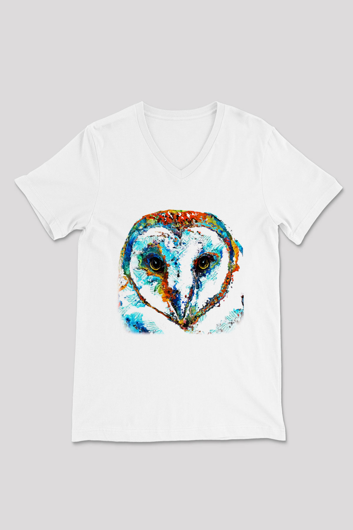 Baykuş Beyaz Unisex V Yaka Tişört T-Shirt