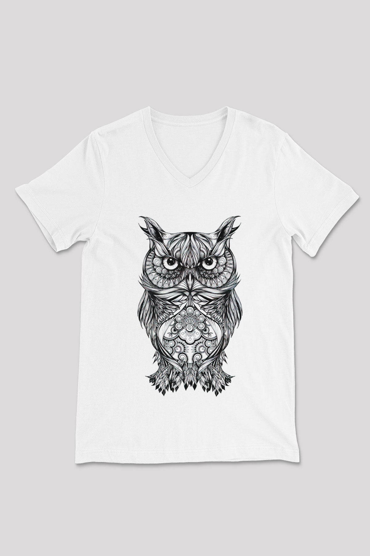 Baykuş Beyaz Unisex V Yaka Tişört T-Shirt