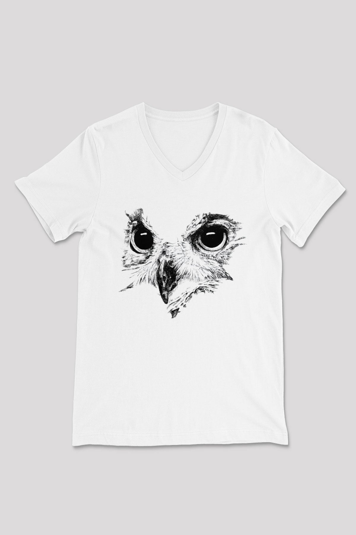 Baykuş Beyaz Unisex V Yaka Tişört T-Shirt
