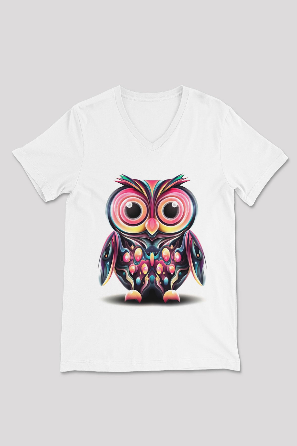Baykuş Beyaz Unisex V Yaka Tişört T-Shirt