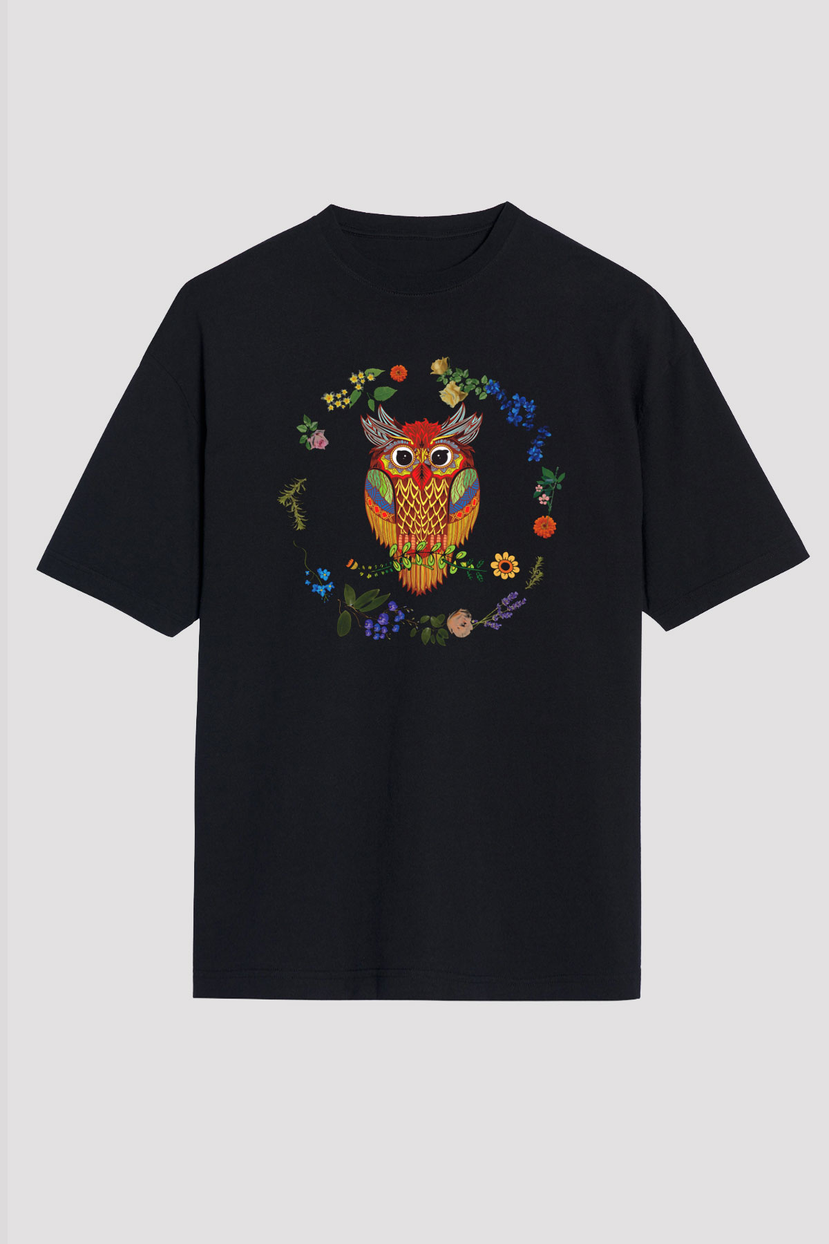 Baykuş Siyah Unisex Oversize Tişört T-Shirt