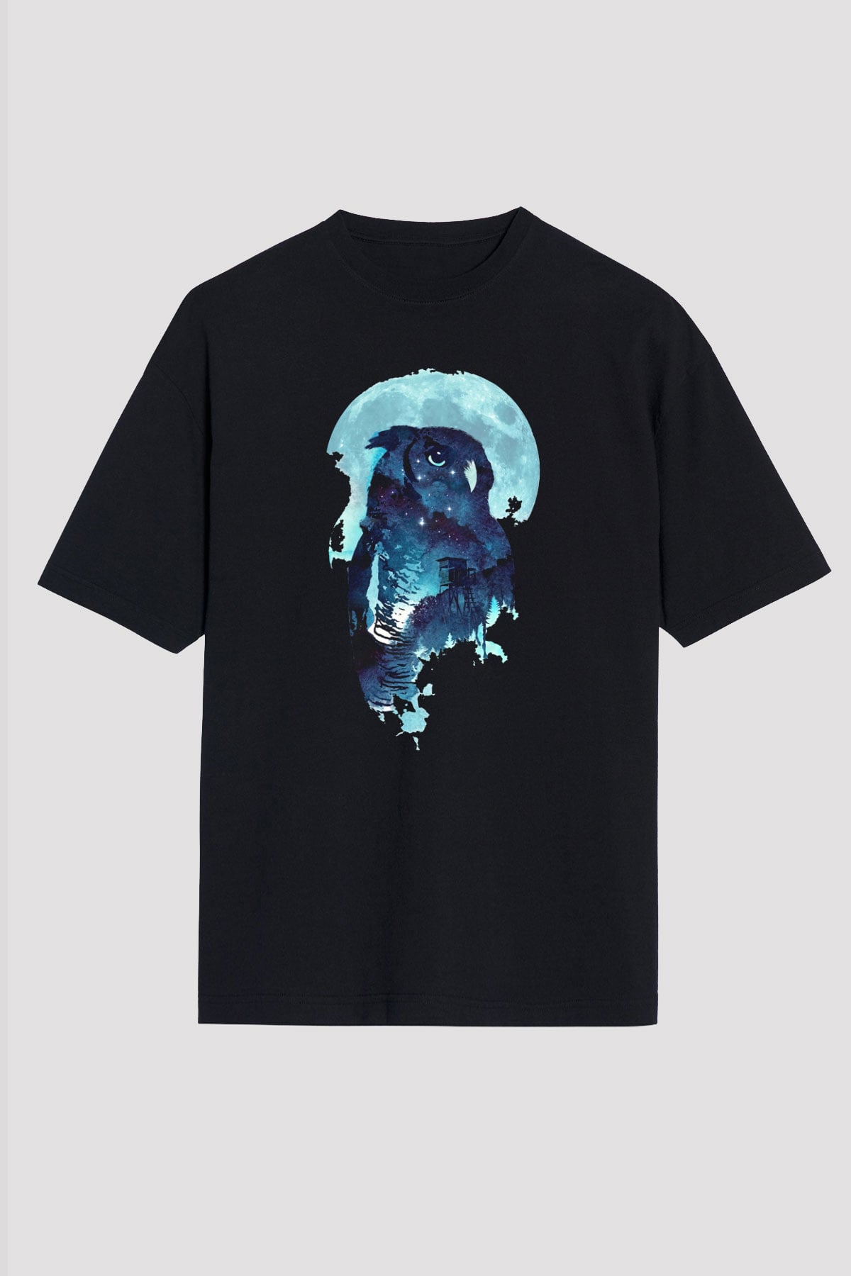 Baykuş Siyah Unisex Oversize Tişört T-Shirt