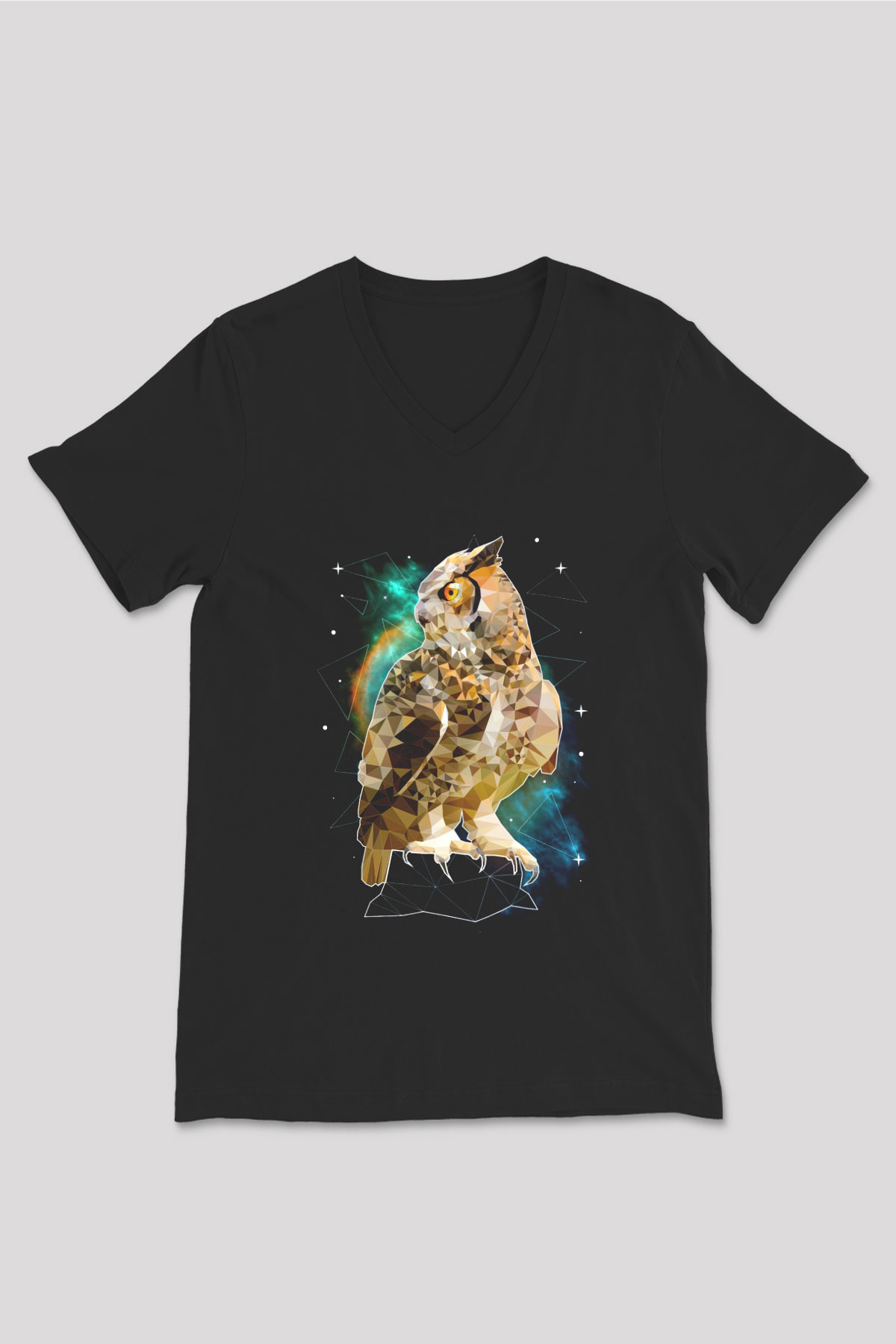 Baykuş Siyah Unisex V Yaka Tişört
