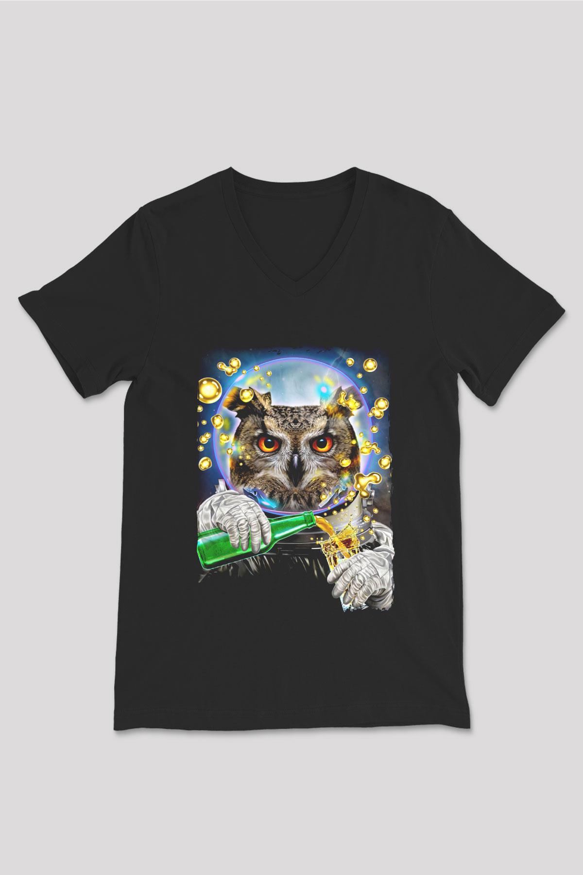 Baykuş Siyah Unisex V Yaka Tişört