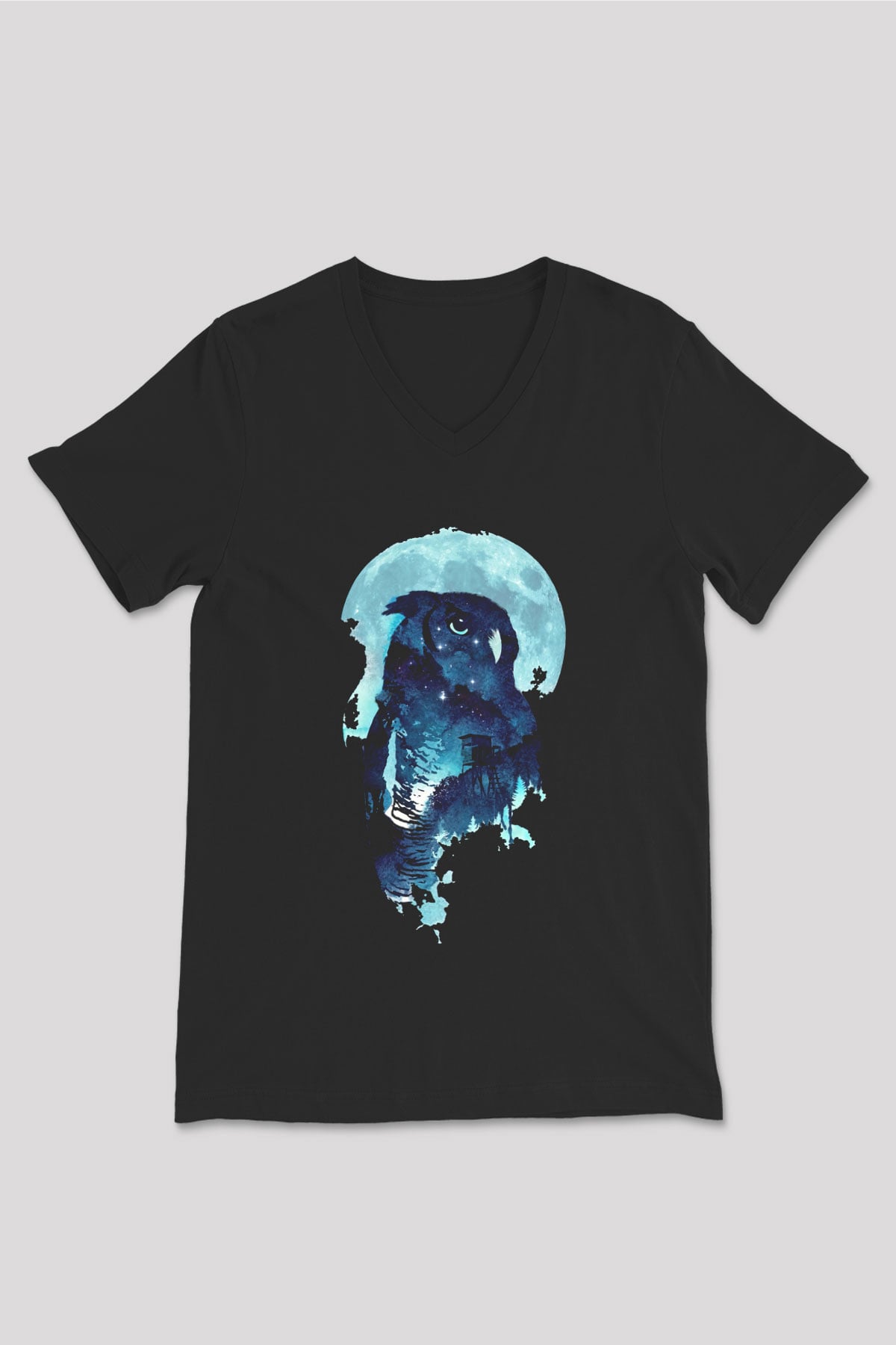 Baykuş Siyah Unisex V Yaka Tişört T-Shirt