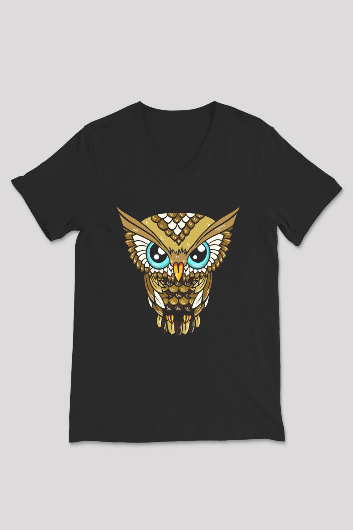 Baykuş Siyah Unisex V Yaka Tişört T-Shirt