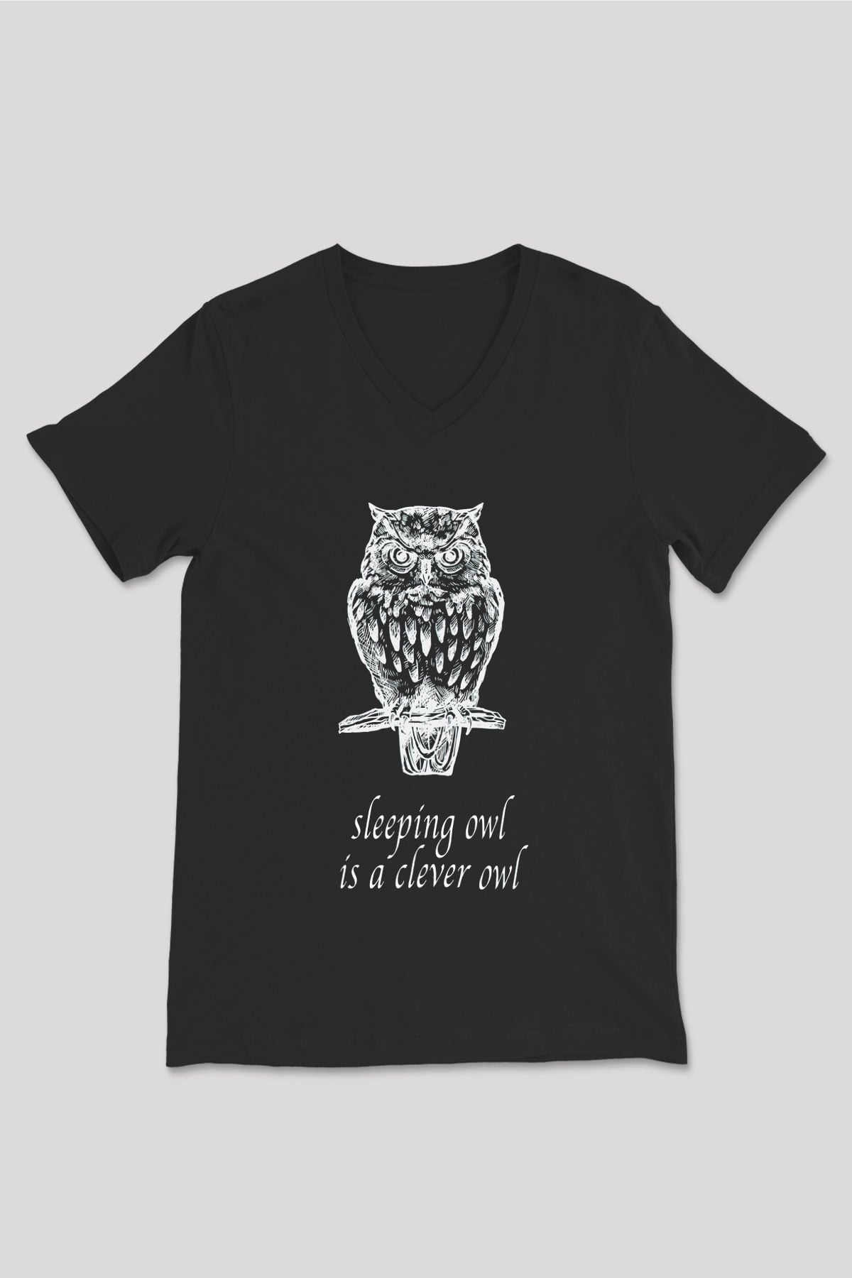 Baykuş Siyah Unisex V Yaka Tişört T-Shirt