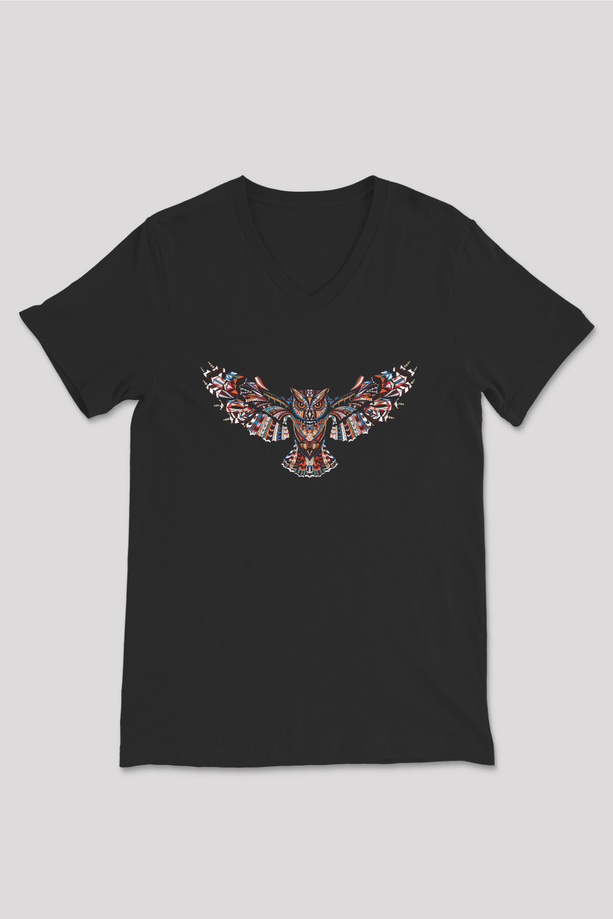Baykuş Siyah Unisex V Yaka Tişört T-Shirt