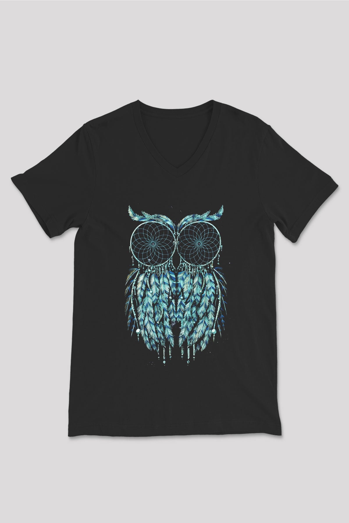 Baykuş Siyah Unisex V Yaka Tişört T-Shirt