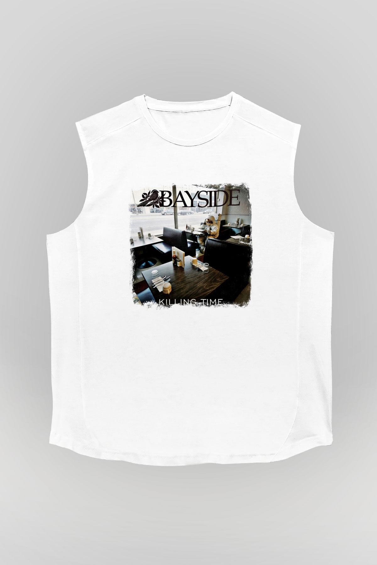 Bayside Baskılı Unisex Beyaz Kolsuz Tişört