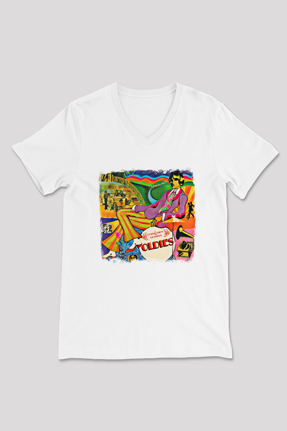 Beatles Baskılı Unisex Beyaz V Yaka Tişört