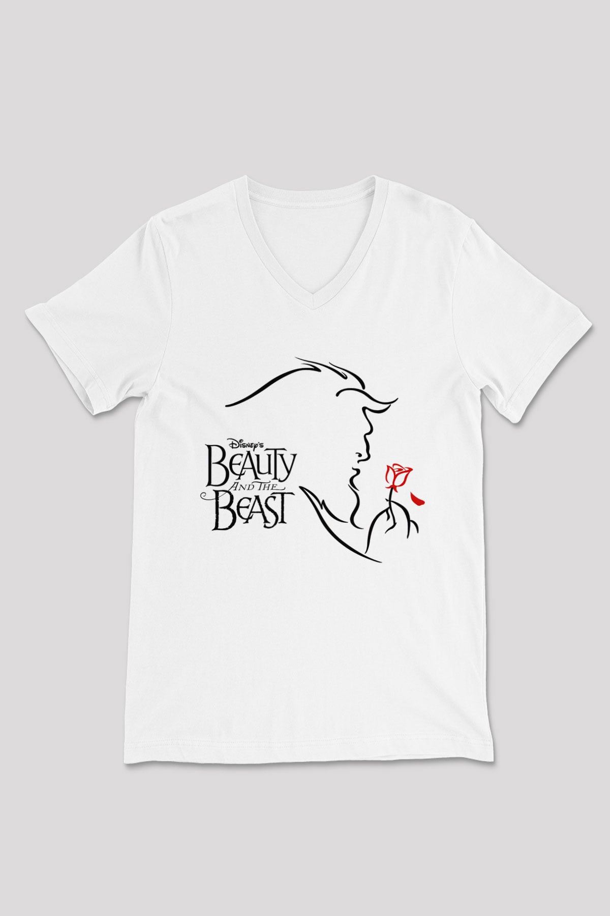 Beauty and the Beast Beyaz Unisex V Yaka Tişört T-Shirt